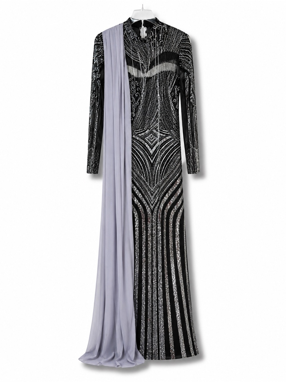 Beaded Black and Silver Evening Gown with Lilac Drape